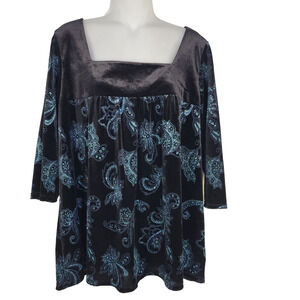 Notations Top Womens 2X Floral Velvet Square Neck 3/4 Sleeve Black Whimsigoth